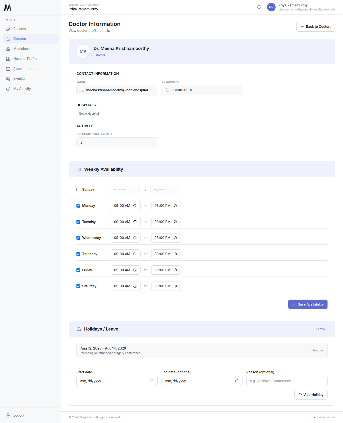 Doctor Availability Settings